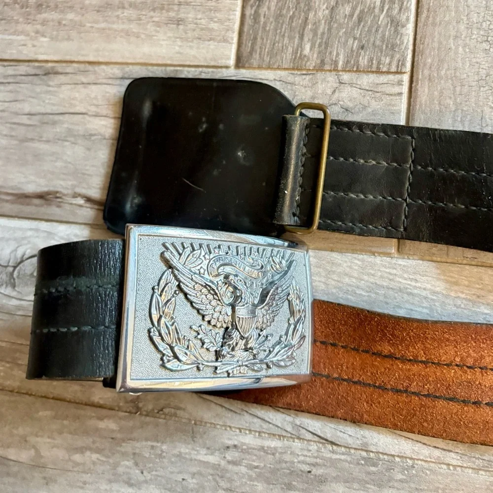 VINTAGE Unisex Silver Engraved Eagle Belt Buckle w/Adjustable Black Leather Belt